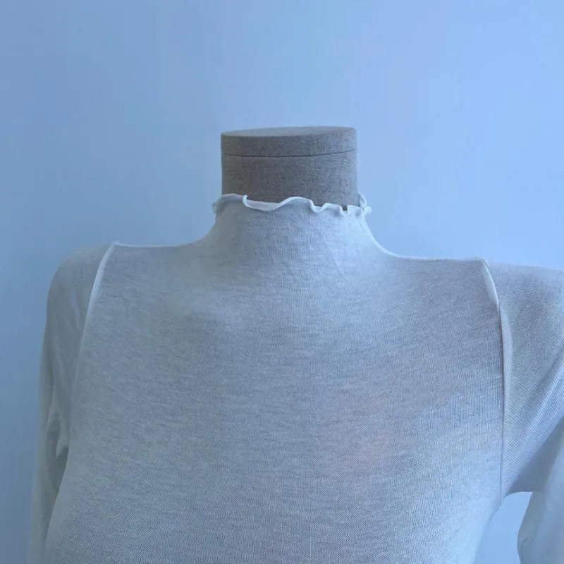 Sexy See-through T Shirt Women High Elasticity Tee Shirt Slim Thin Ruffled Turtleneck T-shirt Female Solid Top