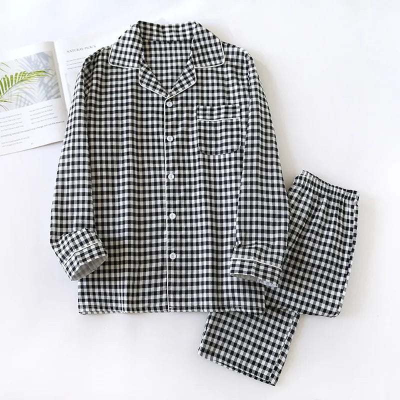 2026 Japanese New Men's Pajama Set Spring/Summer Checkered Simple Long sleeved Two Piece Set 100%Cotton Cardigan Home Furnishing
