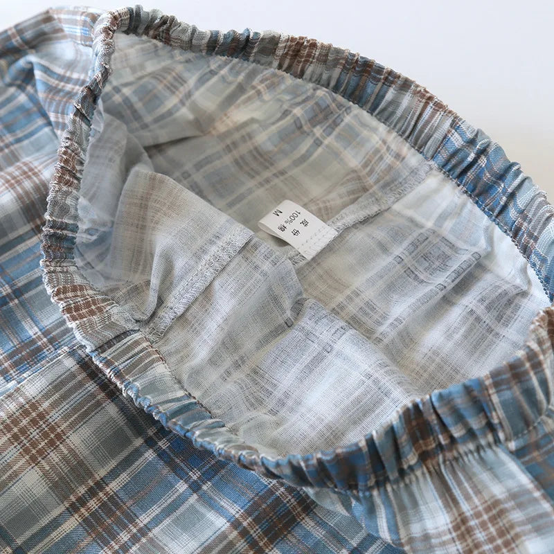 2026 Japanese New Men's Pajama Set Spring/Summer Checkered Simple Long sleeved Two Piece Set 100%Cotton Cardigan Home Furnishing