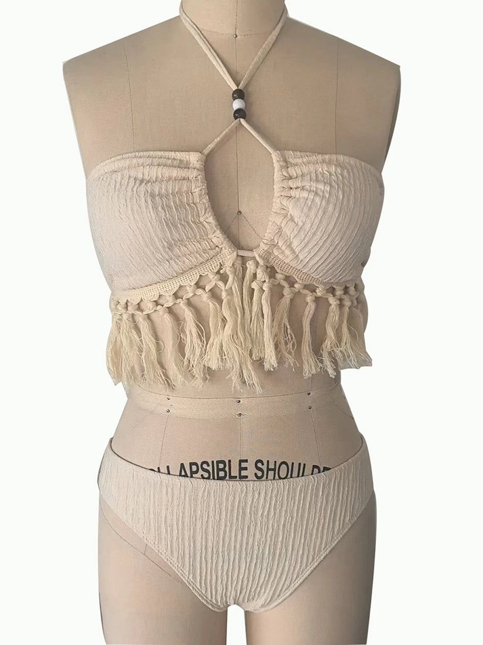 Sexy Tassels Bikini Women's Swimsuit 2025 2 Piece Swimwear Female Outfits Halter Top High Slit Skirt Set Beachwear Bathing Suits