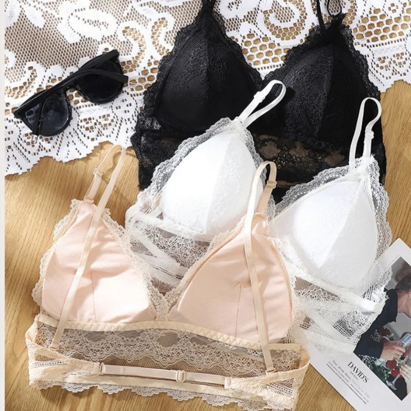 Convertible Lace Bralette Low Back Wireless Bras for Women Sexy Lingerie Thin Spaghetti Straps Brassiere 3-Way to Wear Underwear