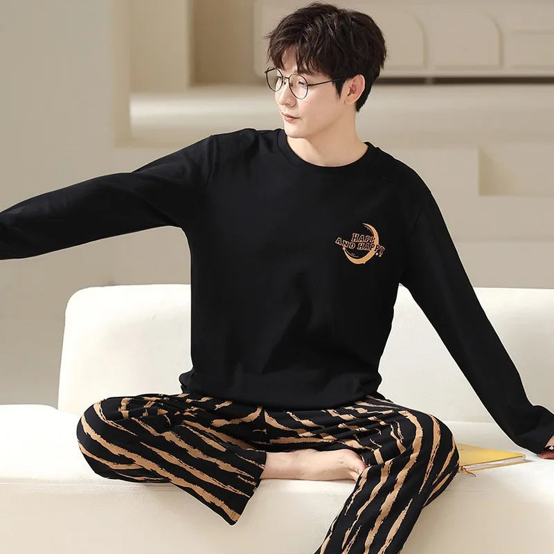 Men‘s Pajama Set Long Sleeve Black Striped Fall and Winter Youth Student Nightwear Loungewear Two Piece Set Sleepwear Homewear