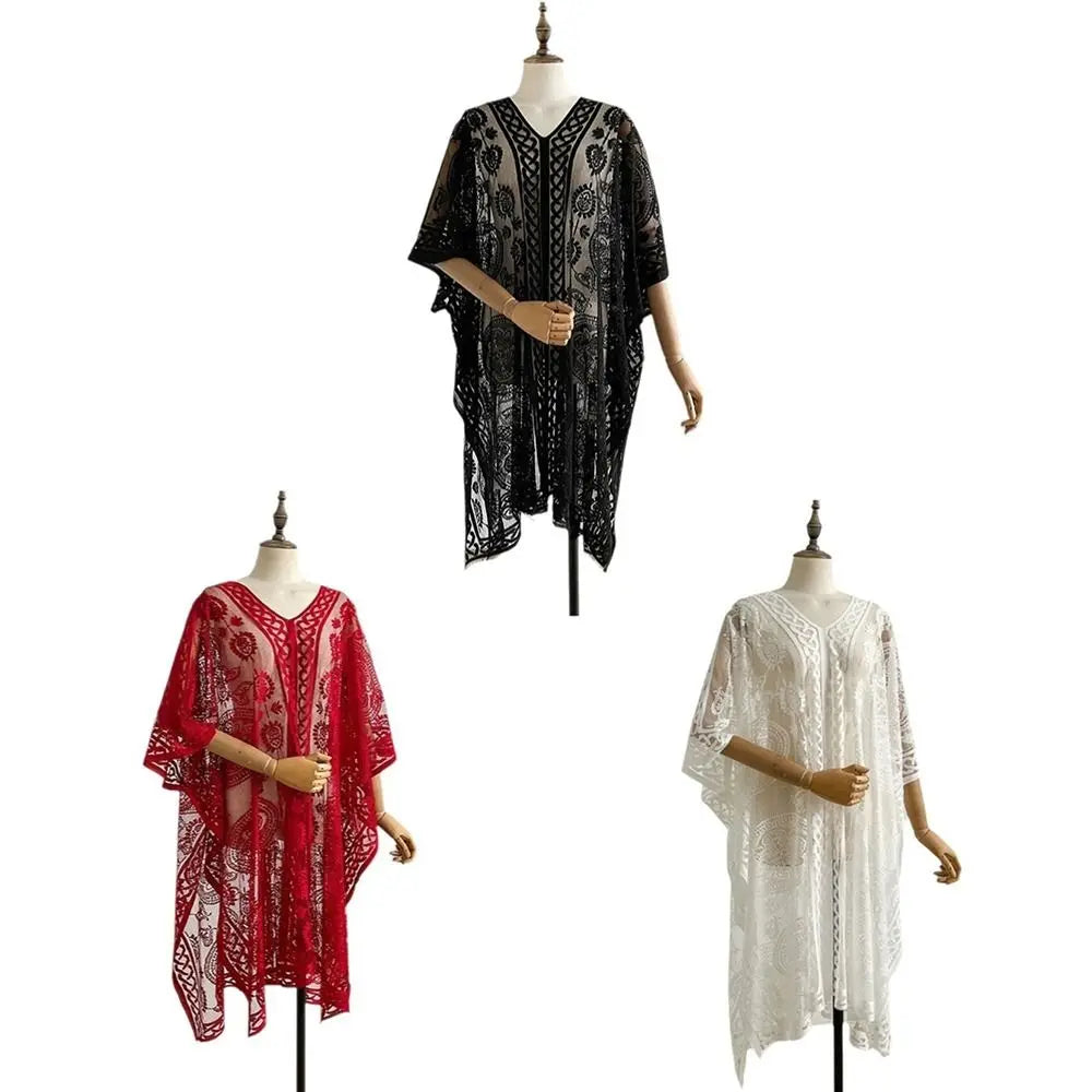 Breathable Lace Mesh Sunscreen Beach Cover Up Plus Size Casual Bohemian Shawl Transparent Floral Swimsuit Cover Up Vacation