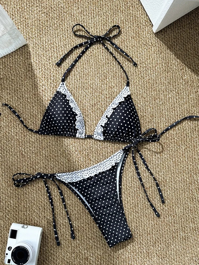 Bikini Swimsuit Women 2026 Cute Sexy with Tie Straps Small Chest Gathering Polka Dot Two-piece Triangle Swimsuit Vacation Spring