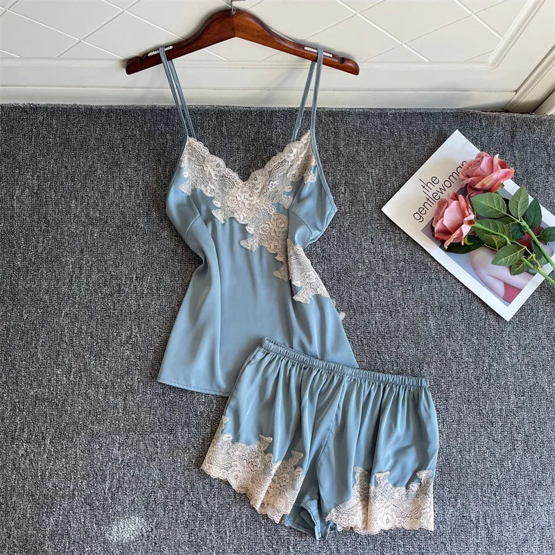 Lace Sleepwear Satin Cami&Shorts Suit Women 2 Pieces Sleep Set Sexy Deep V-Neck Nightwear Thin Home Clothes Lounge Lingerie