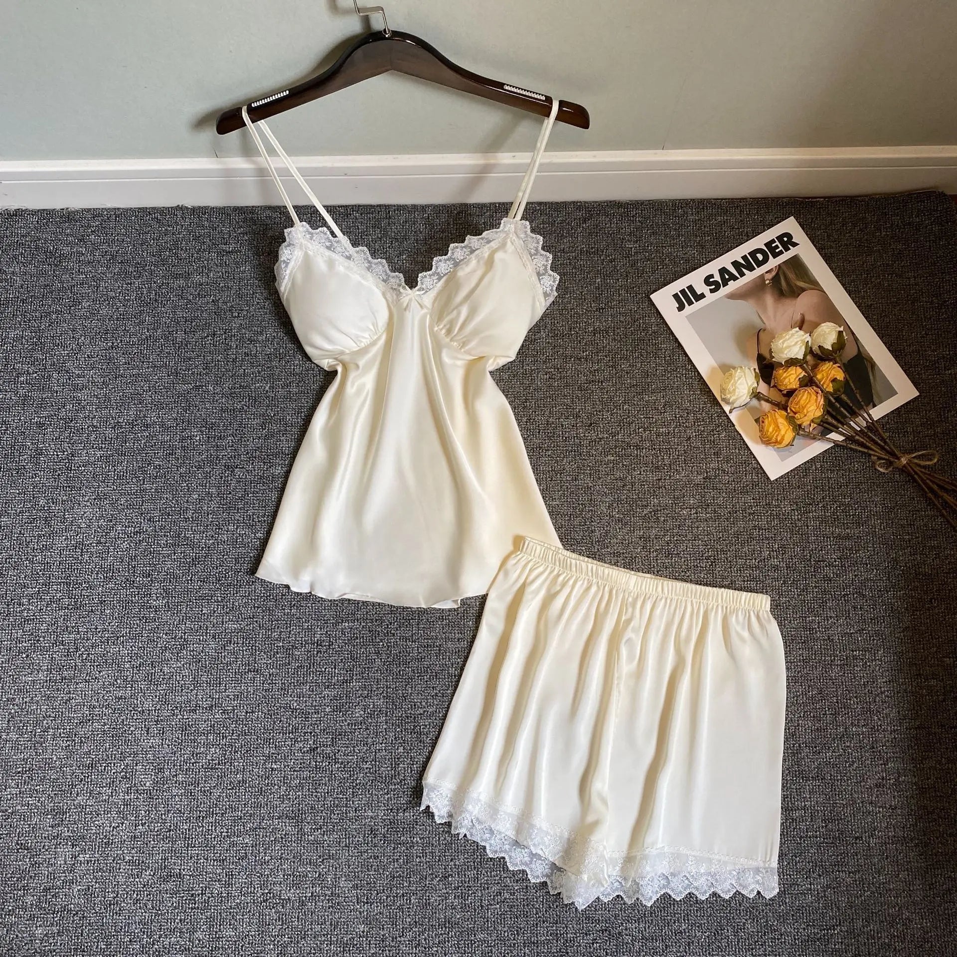 Lace Sleepwear Satin Cami&Shorts Suit Women 2 Pieces Sleep Set Sexy Deep V-Neck Nightwear Thin Home Clothes Lounge Lingerie