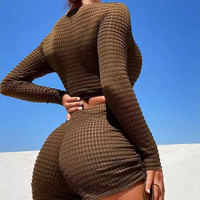 Sexy Long Sleeve Bikini 2 Piece for Women Textured V Neck Crop Top High Waisted Drawstring Swimwear Push Up Bathing Suit