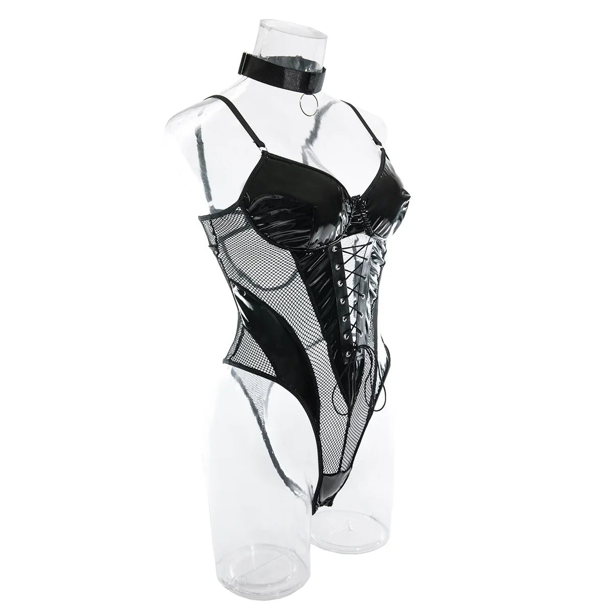 Latex Bodysuit Sexy Lace Up Hollow Tops Black Patchwork Fetish PU Body Sissy Leather Crotchless Tight sexy lingerie costume