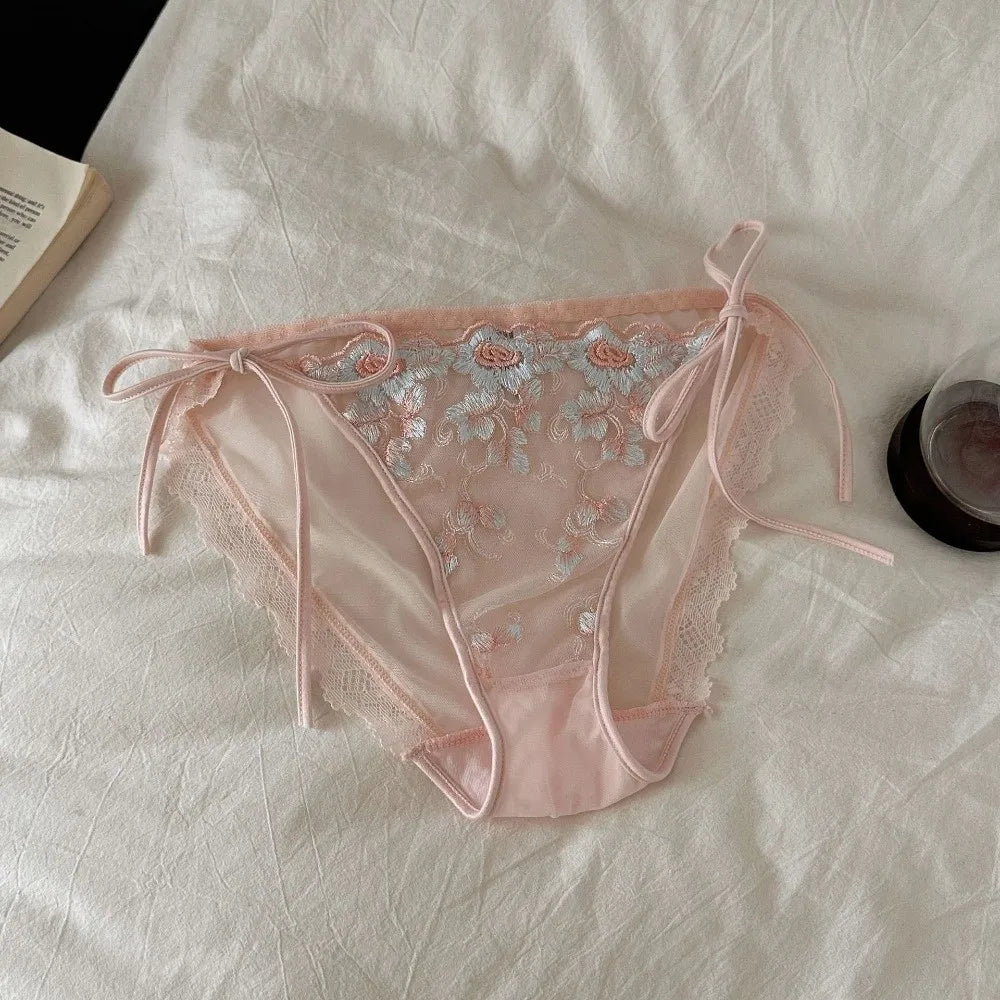 Lingerie Low Waist Embroidery Flower Panties Transparent Sweet Underwear for Women Cotton Crotch Lace-up Underwear Girl