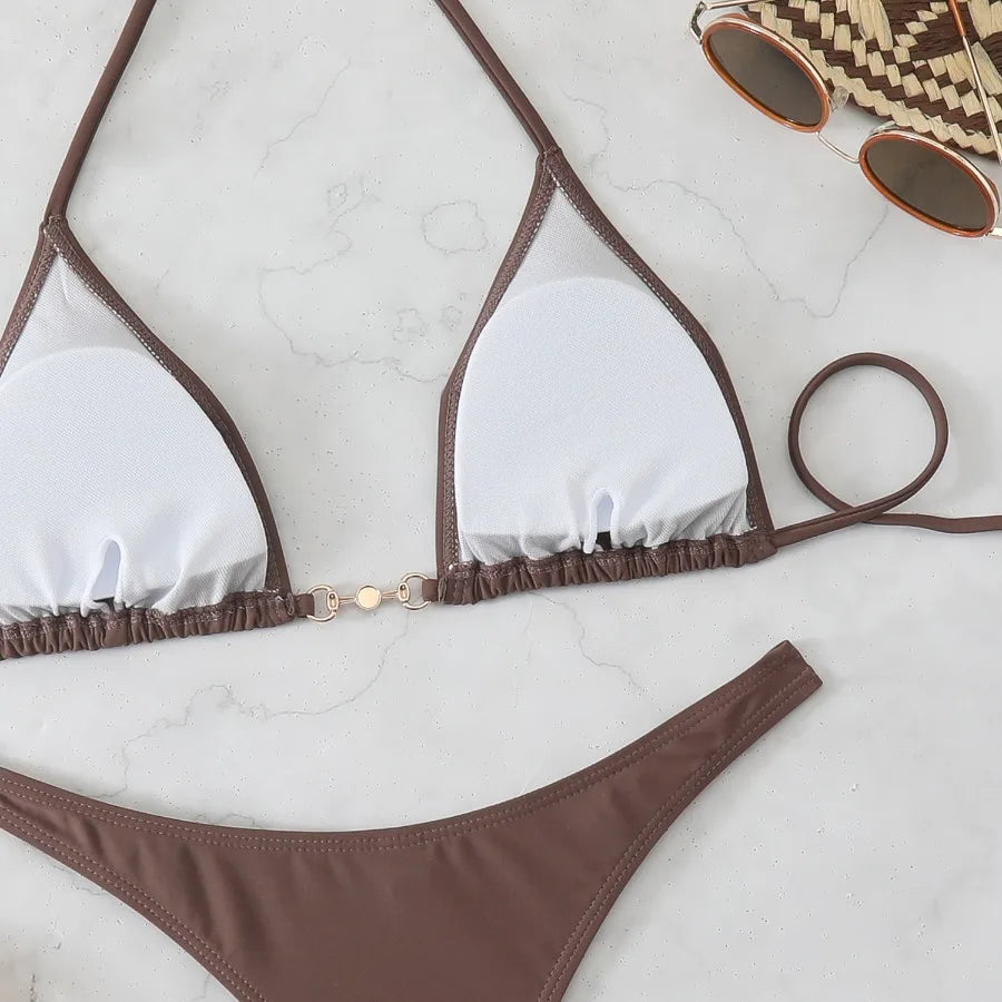New Two-Piece Bikini Set Sexy Triangle Tie-Up Swimsuit Beach Vacation Swimwear Summer Trendy Top Bottom Beachwear Resort Outfit