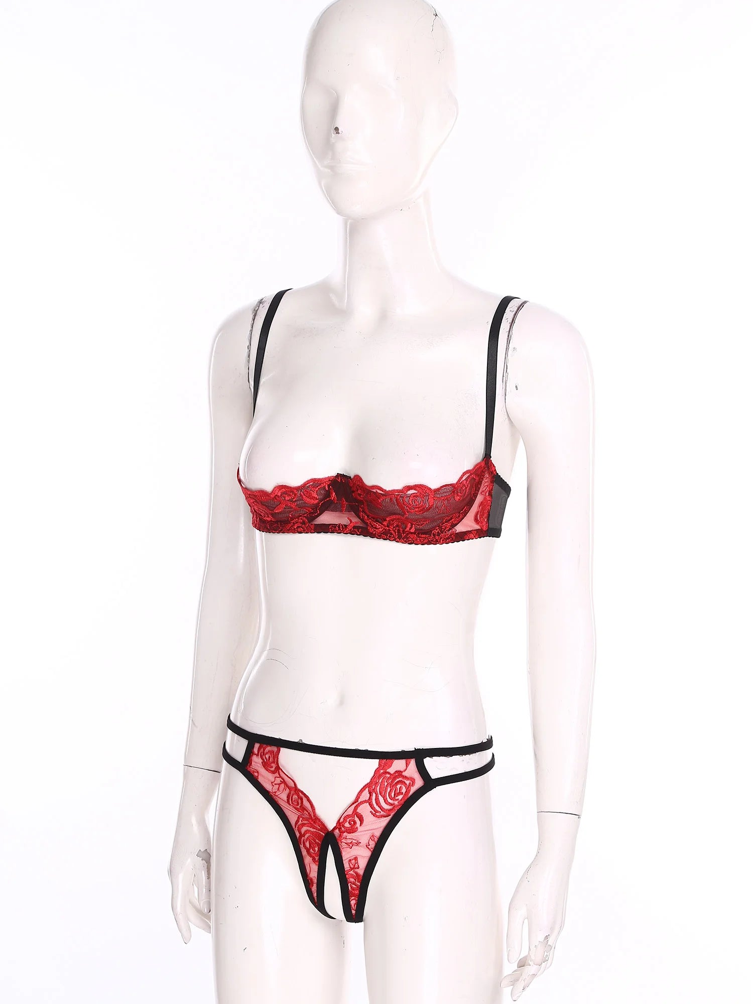 Womens Lingerie Floral Lace Bra Brassiere Underwear Set 1/4 Cup Underwire Push-up Bare Exposed Open Nipples Bralette Balconette