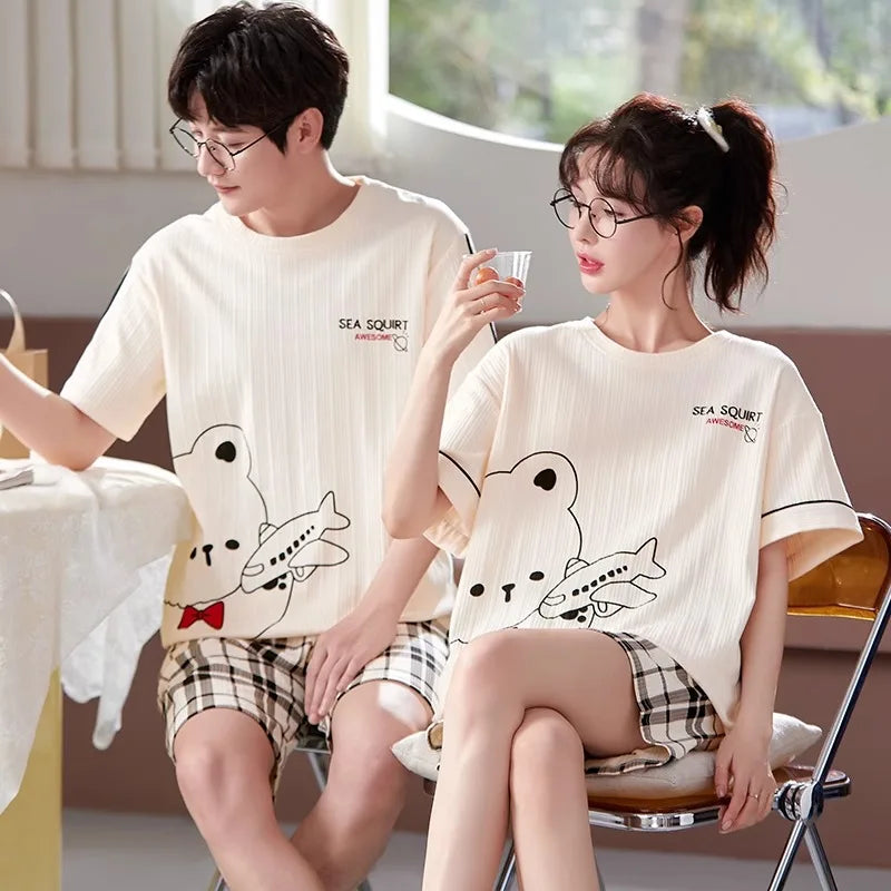 Lovers Pajama Set Cotton Cartoon Cute Nightwear For Men Women Homewear Plus Size Summer Thin Pyjamas Couples Pjs Loungewear