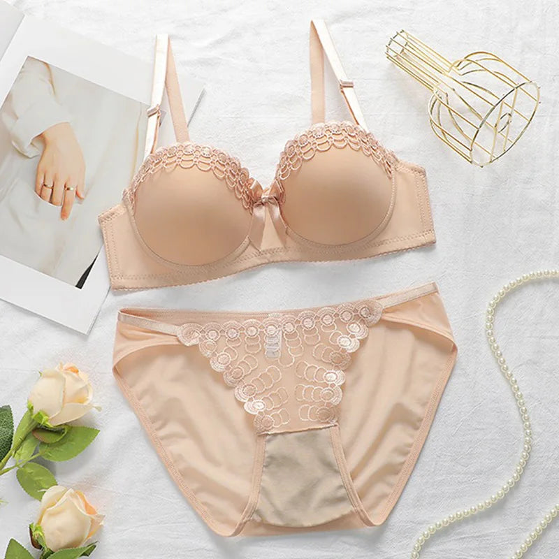Women's Embroidered Lace Lingerie Set Sexy Push Up Bra with Underwire Bowknot Design Matching Panty Stylish Intimates for Girls