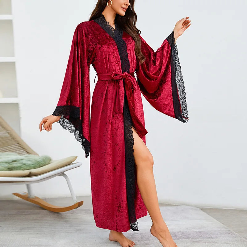 Lace Kimono Intimate Lingerie Velour Robe Women Long Nightgown Sleepwear Wedding Bride Party Gift Loungewear Nightwear