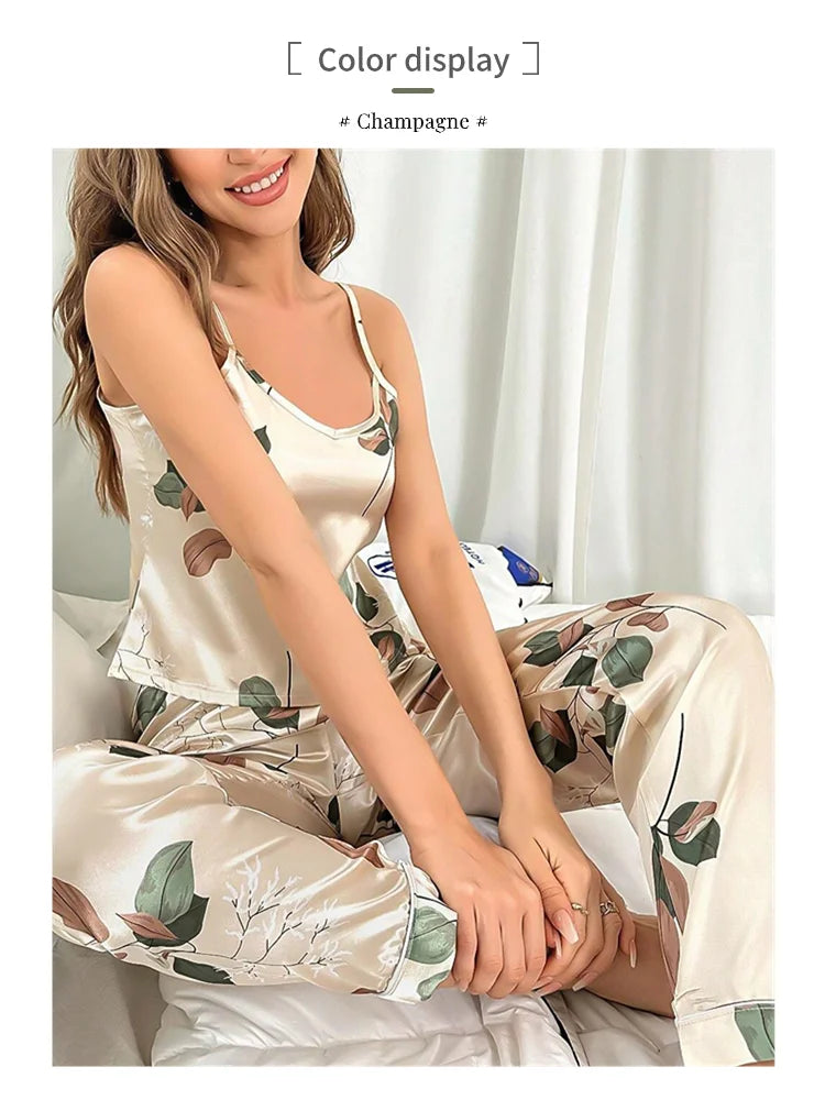 2026 Women's Elegant Leaf Print Satin Pajama Set V Neck Cami Top and Elastic Pants for Comfortable Sleep and Lounging Sleepwear