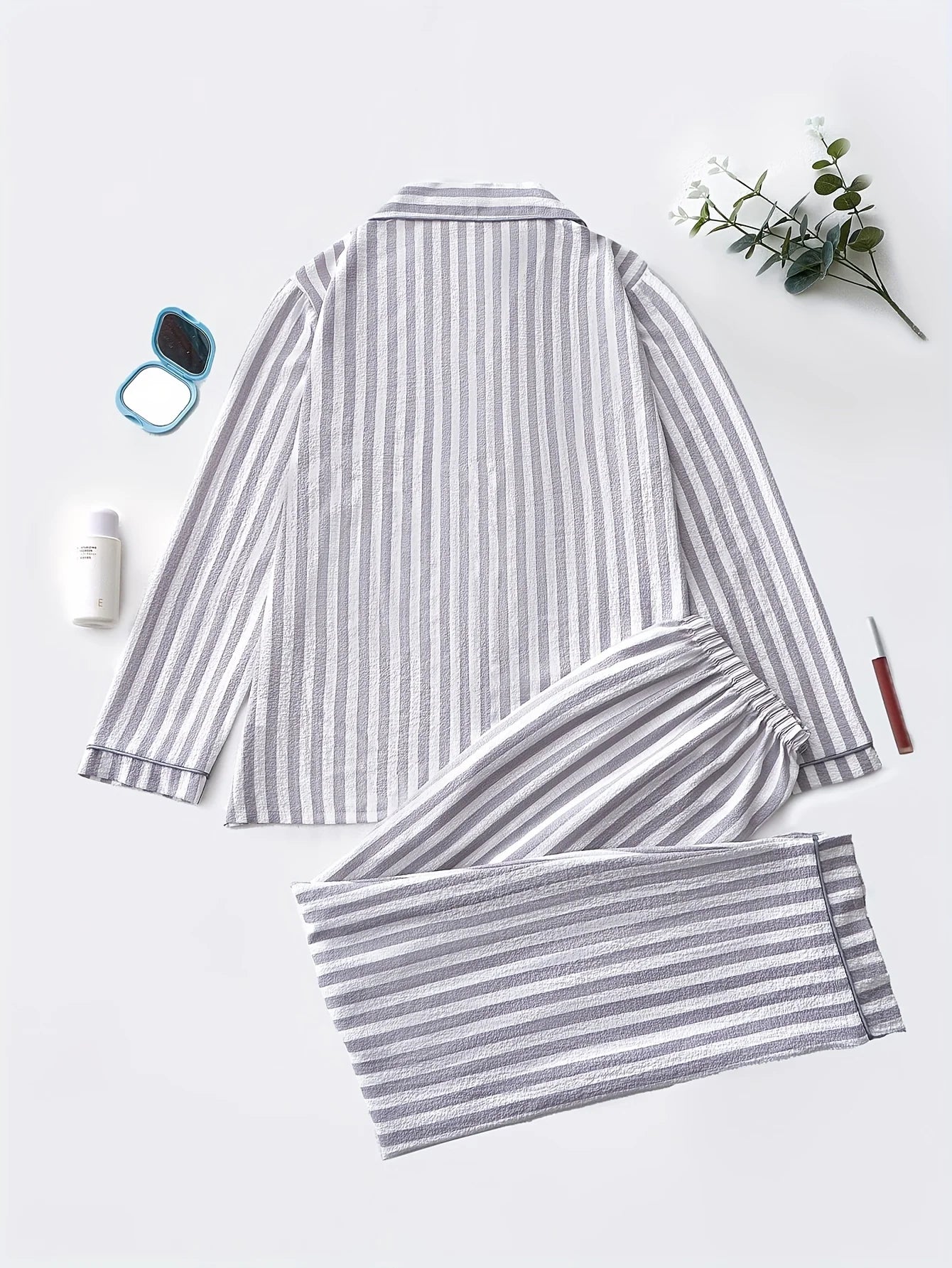 Elegant Striped Polyester Pajama Set for Women with Lapel Collar, Long Sleeve Button-Up Top, and Long Pants, Fall/Winter Woven S