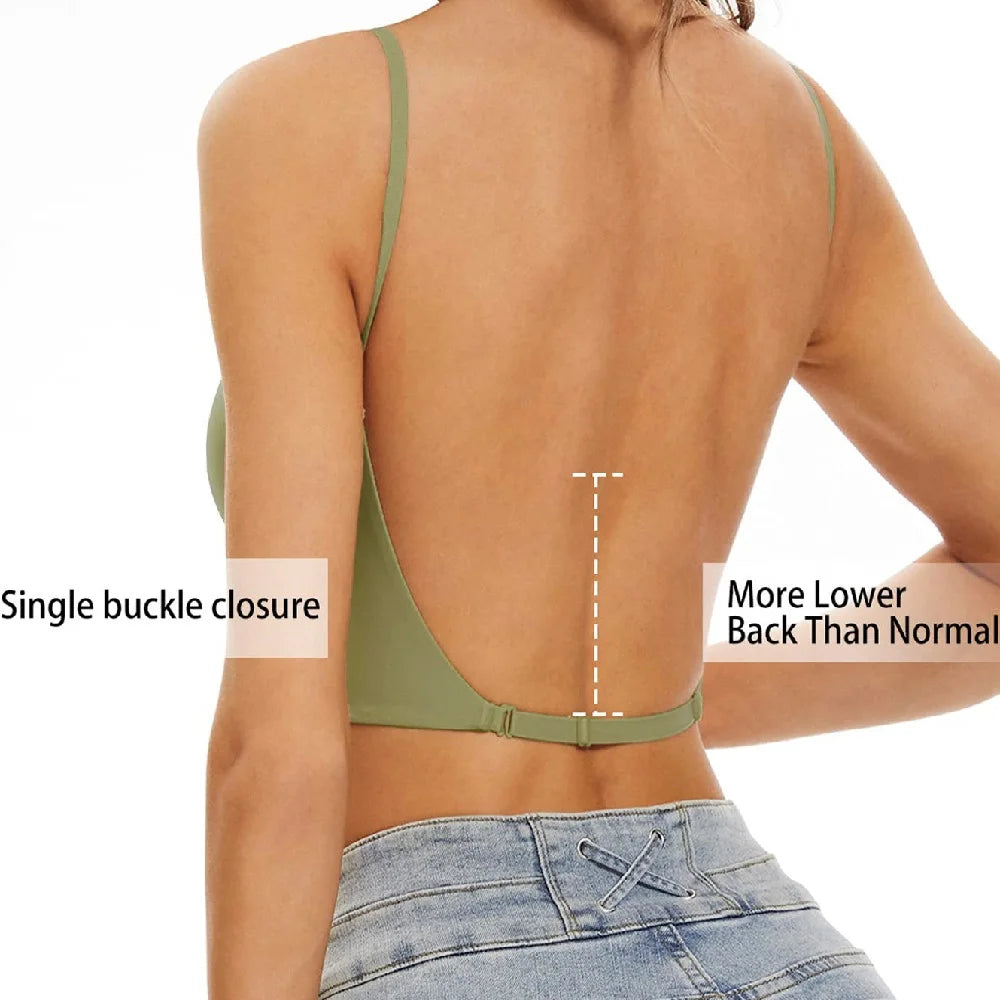 Women Invisible Bra Deep U Plunge Backless Bras Top for Dresses Removeable Padded Push Up Seamless Underwear Bra
