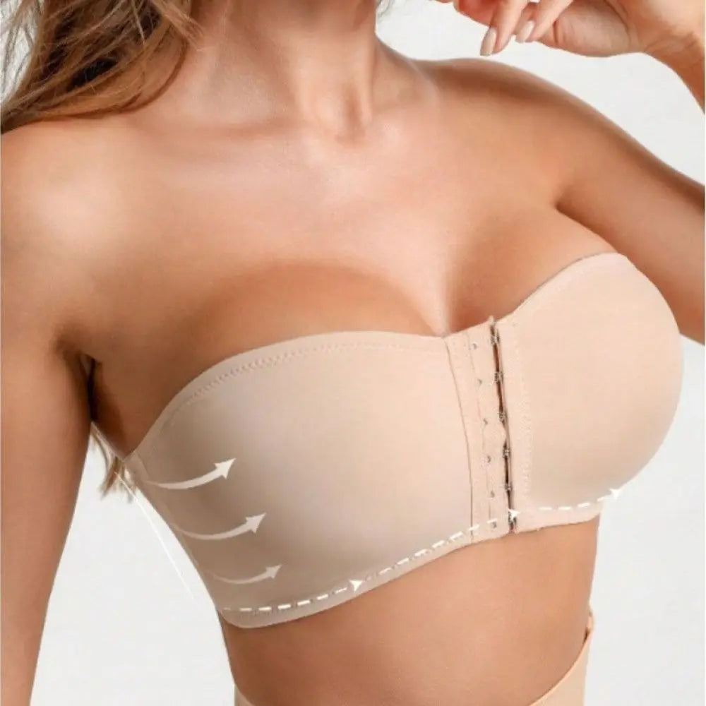 Strapless Front Button Bandeau Invisible Soft Cushion Tube Top Removable Padded No Underwire Wireless Bralette for Women