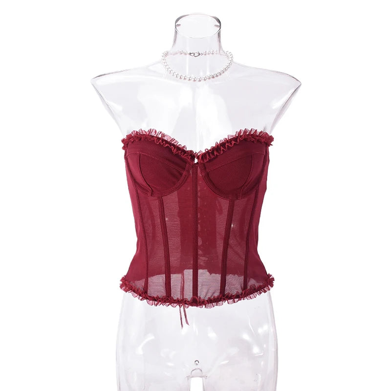 Women Sheer Lingerie Streetwear Lace-up Bustier Corset Tops Slim Backless y2k Tank Top Strapless Striped Sheath Sexy Camisole
