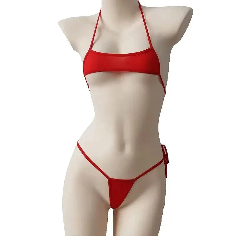 Sexy Lingerie Women's Bikini Exotic Sets Pink Tight Swimsuit T-Panties Set Thin Lace Up Transparent Bikinis Sets Spring Summer