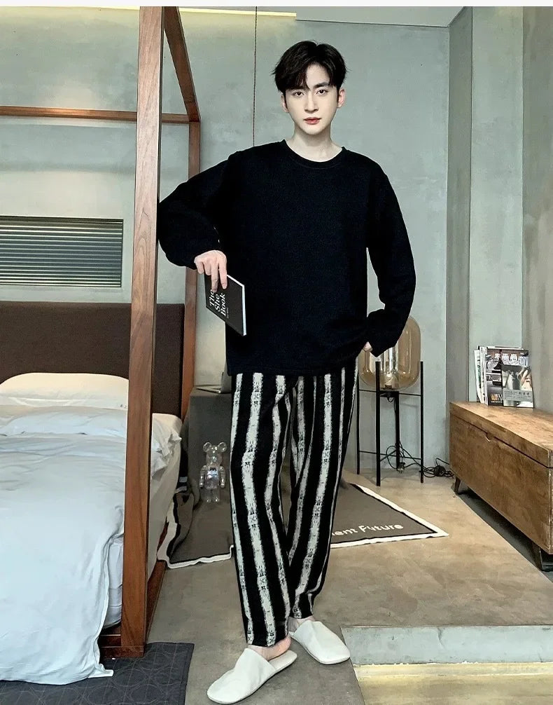 Men‘s Pajama Set Long Sleeve Black Striped Fall and Winter Youth Student Nightwear Loungewear Two Piece Set Sleepwear Homewear
