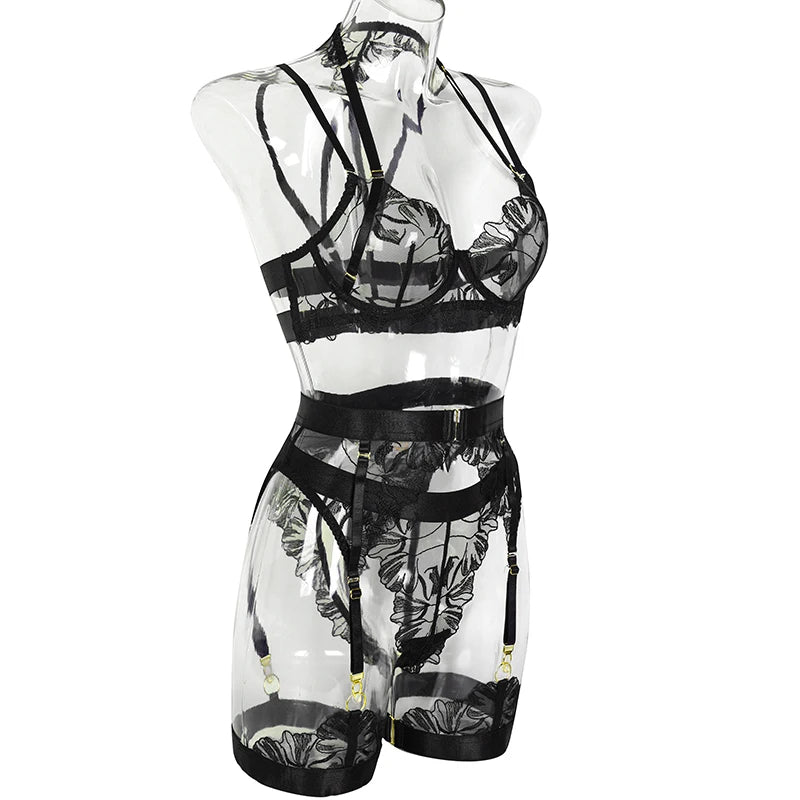 Lace Bras Embroidery Lingerie Sets Bra Garter Panty Sets Exotic Lingerie for Ladies Sexy Mesh Bra Intimate Outfits Transparent