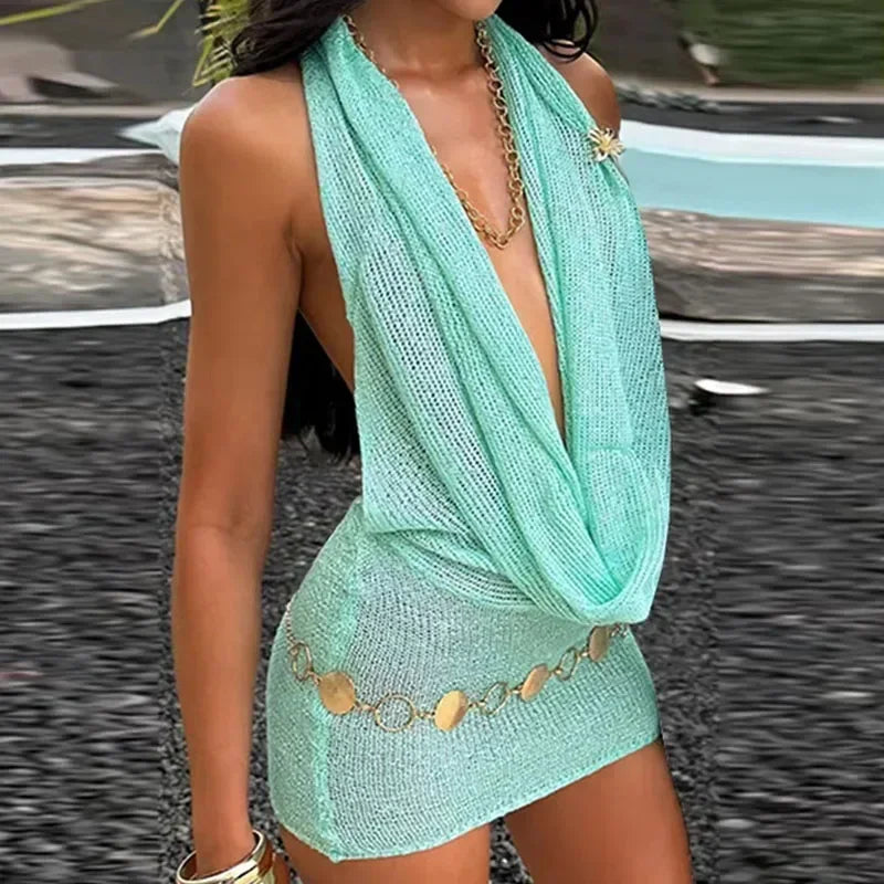 Sexy Sequin Halter Short Dress Women Backless Sleeveless Hip Package Party Dresses Female Summer Chic Night Club Robe Lady