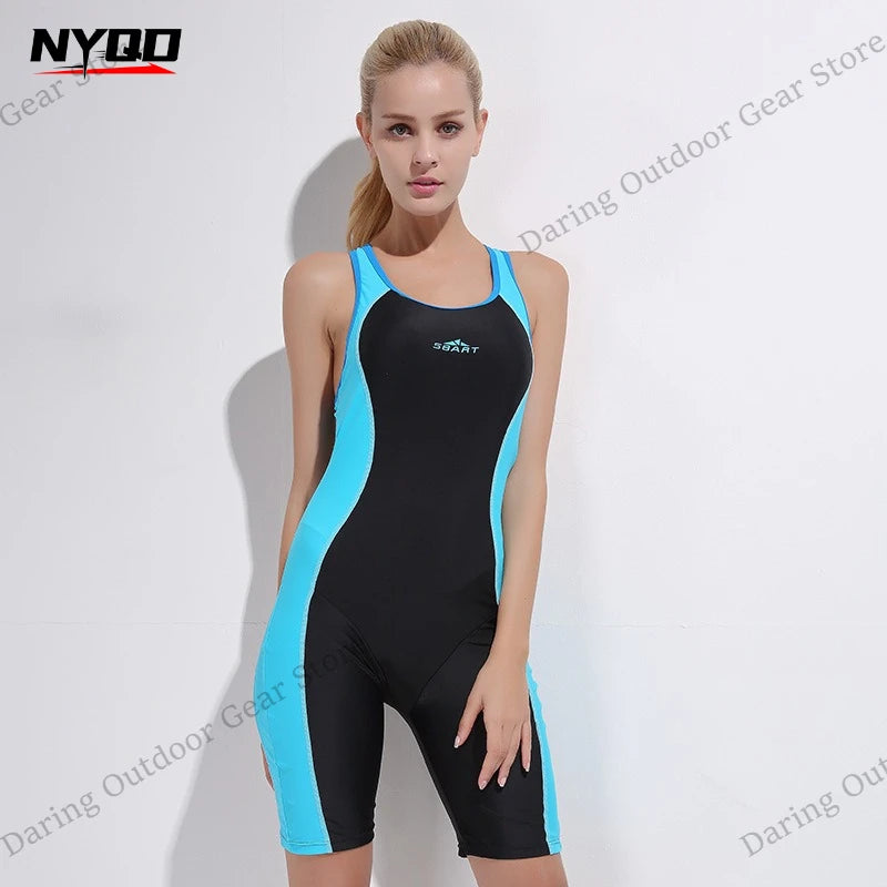 Women's One-Piece Racing Swimsuit, Athletic Quick-Dry Sleeveless Swimsuit with Shorts for Hot Spring & Diving