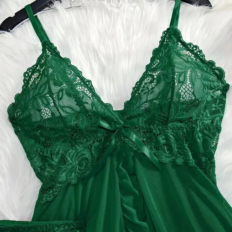 Women's Sexy Lingerie Dress Thin Style G-string Contrast Lace Ruffle Trim Lingerie Set Deep V Slip Thong Lencería Mujeres