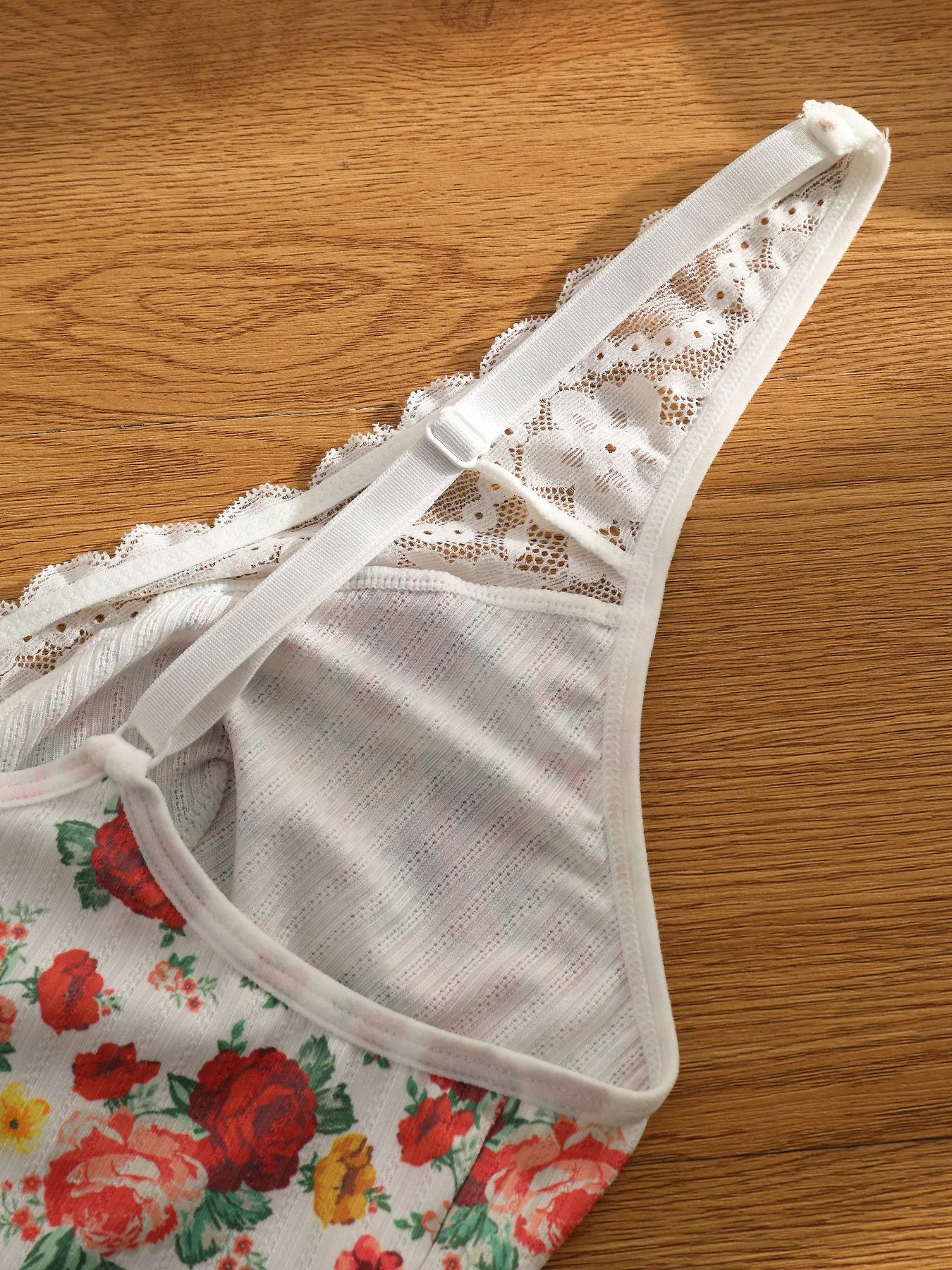 Three piece romantic and elegant floral printed lace bra with five rows of front buttons and adjustable shoulder straps