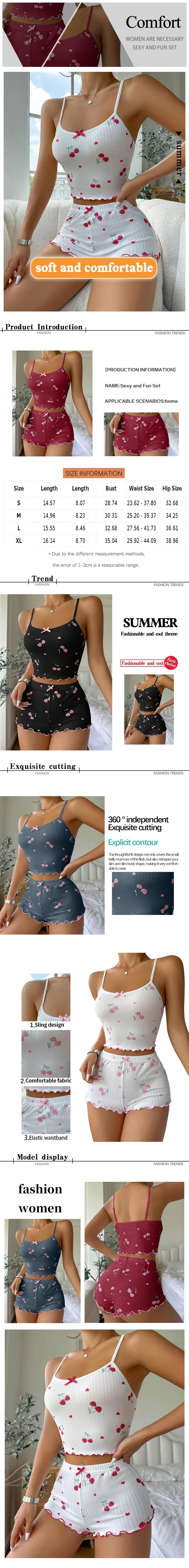 2-Piece Pajama Set for Women Cherry Print Bow Front Cami Top and Short Pajama Set Cute Soft Sleepwear