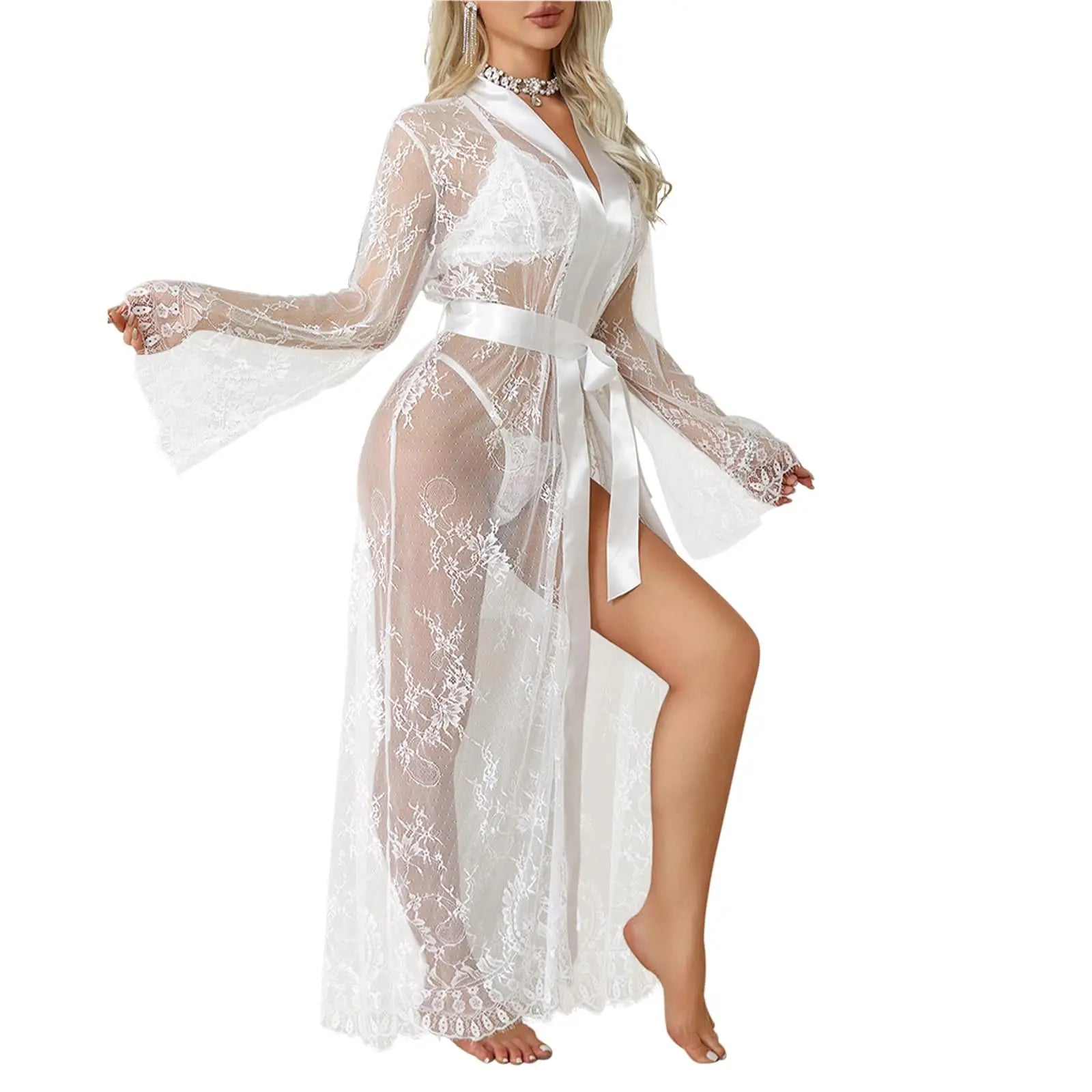 Women's Sexy Sheer Lace Robe Lingerie Long See Through Kimono Lingerie Dress Lace Gown Sleepwear