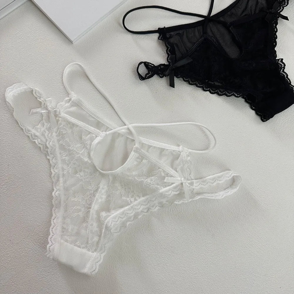 Lingerie Bow Lace Flower Panties Low Waist Hollow French Style Briefs Transparent Thin Strap Lace Mesh Briefs Gifts