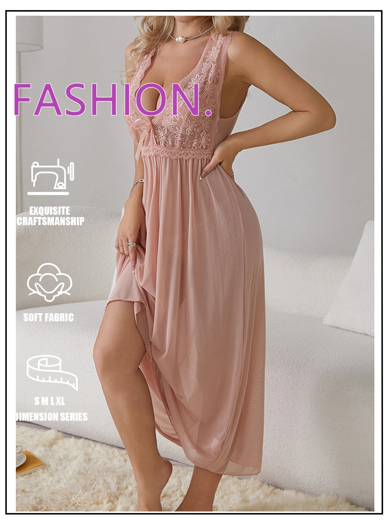 Sexy Women Lingerie Dress Set Lace Splicing Mesh Long Deep V Backless Nightgown Set Homewear All Season