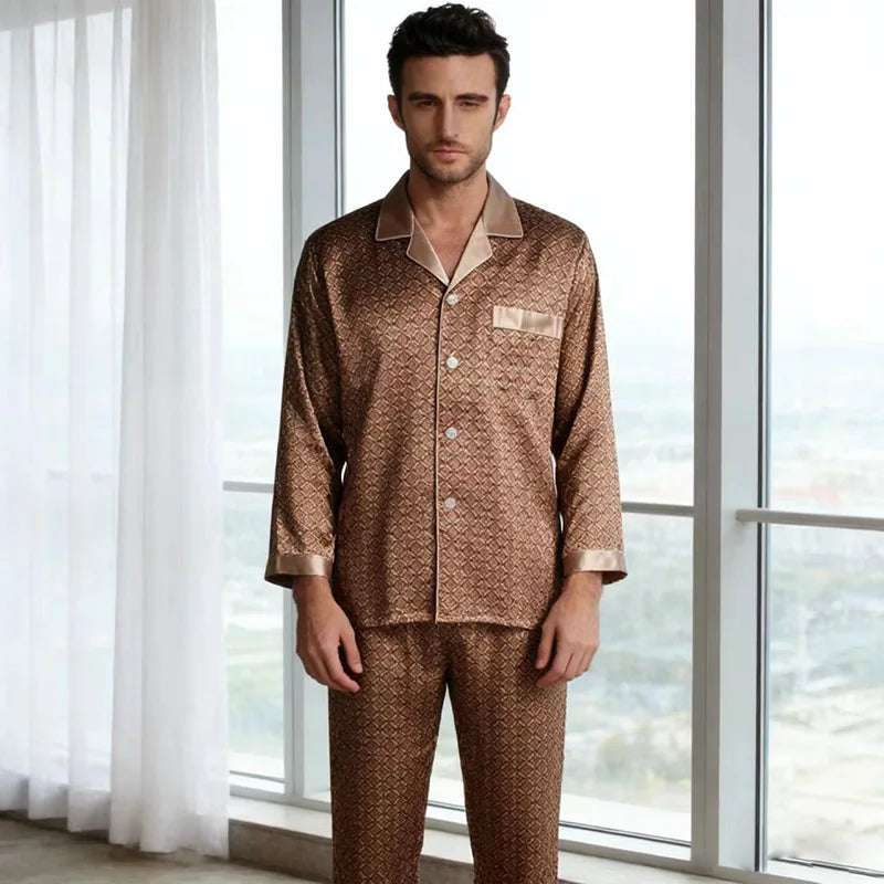 2PCS Men's Geometric Print Pajama Set Loungewear Spring New Thin Polyester Ice Silk Sleepwear Plus Size Homewear Pijamas Suit