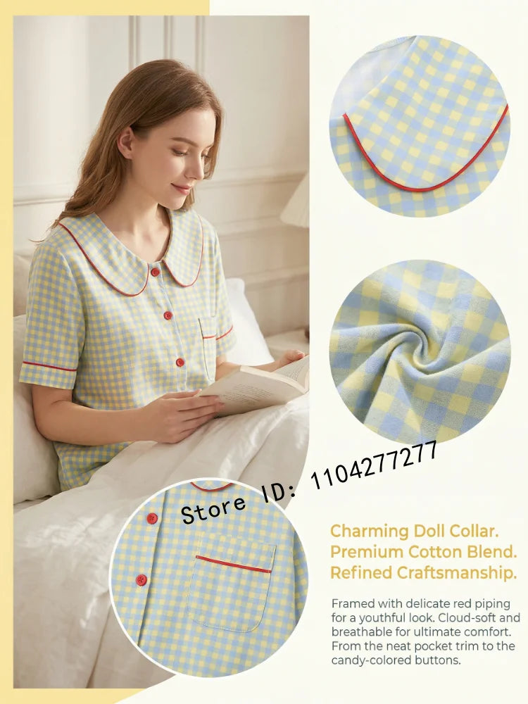 Three-Piece Women's Pajama Set, Plaid Button-Down Loungewear, Short Sleeve Cardigan Sleepwear, Casual Home Wear