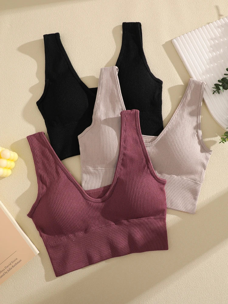 Sports Yoga Women's Bra Ribbed Shockproof Fitness Workout Bralette Sexy Elastic Backless Underwear Push-Up Bra Sportswear Tops
