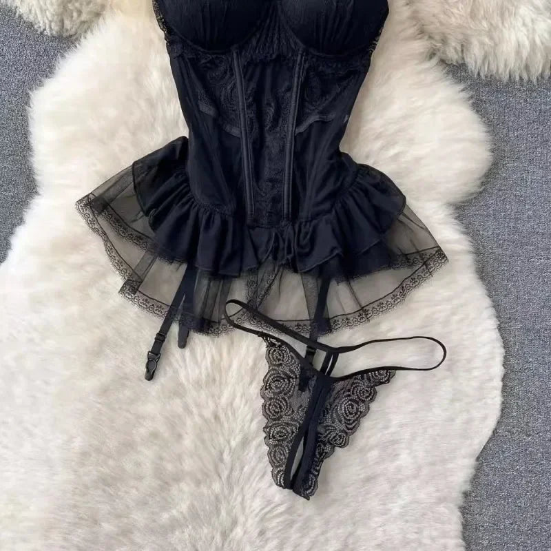 Sexy Lingerie Lace Gauze Elasticity Corset with Chest Pad Straps Belt Underwear Lace Up Body Bustier Overbust Breathable Tops