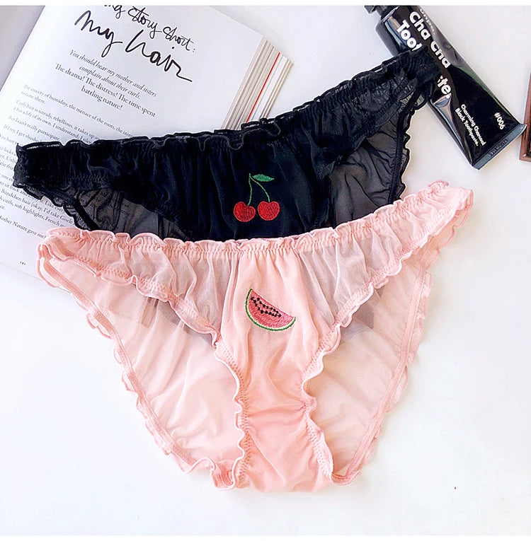 Women Sexy Lace Lingerie Temptation Low-waist Panties Fruit Ins Embroidery Transparent Briefs Seamless Sweet Underwear