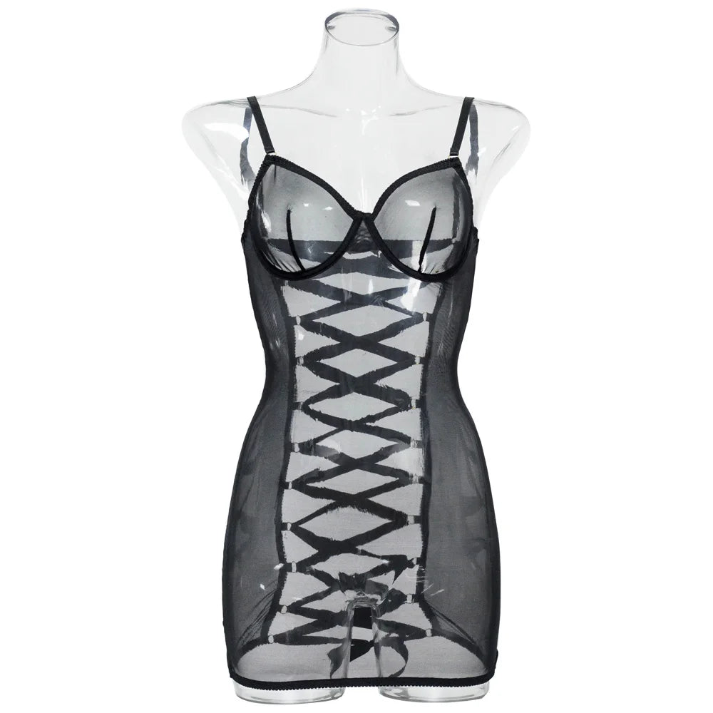 Sexy Sheer Lace Babydoll Open Crotch Lingerie Transparent Backless Night Dress Erotic Costume Exotic Women Underwear