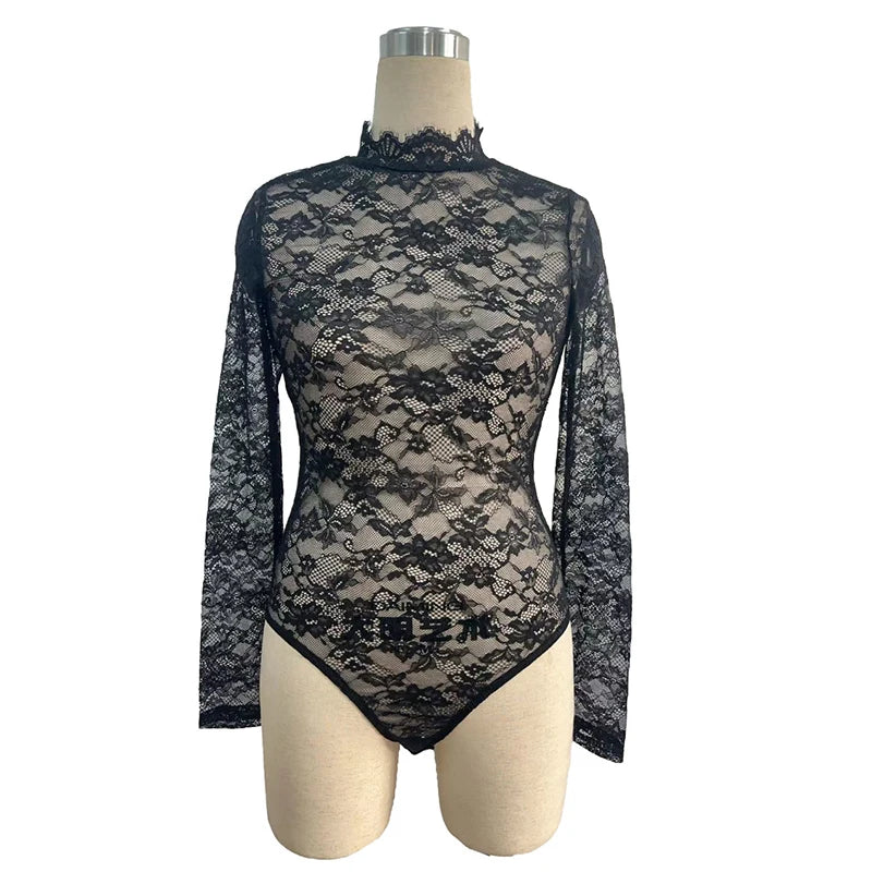 Sexy Lace Bodysuits For Women Fashion Clubwear Long Sleeve Slim See Through Romper Female Jumpsuit Lady Playsuit White Shirt