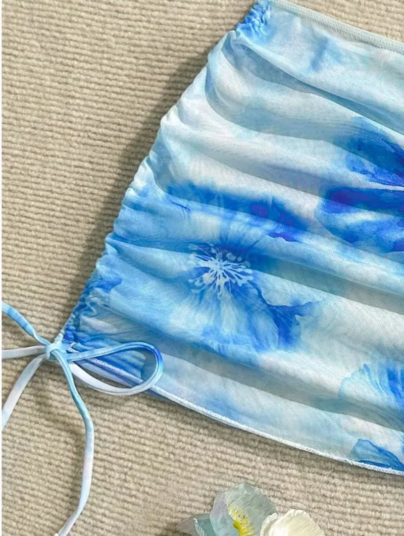 Sexy 3 Piece Bikini Set Women Printed Split Swimsuit Neck Strap Bathing Suit with Cover Up Skirt Swimwear Biquine Brasileiro
