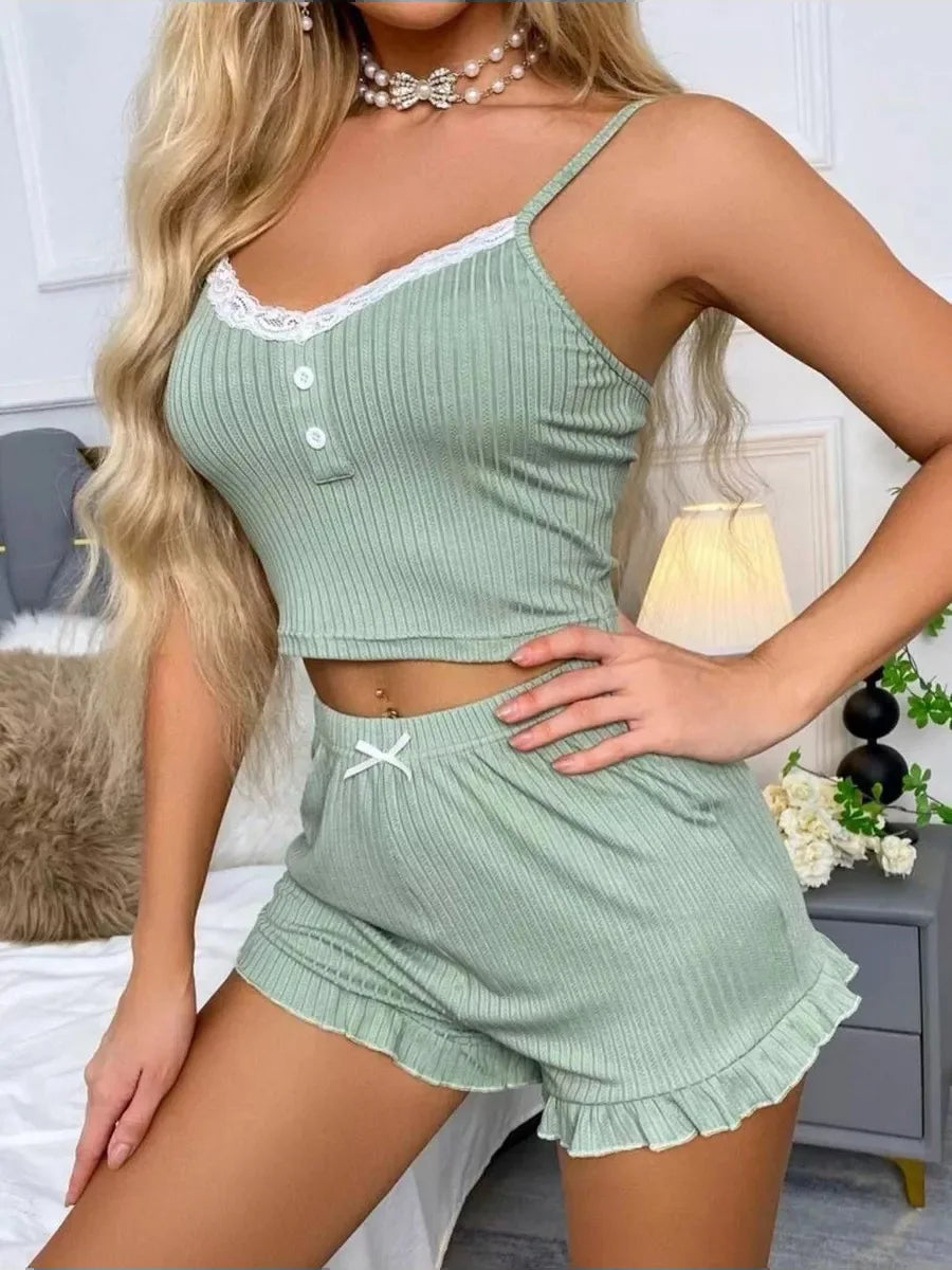 New women's summer sleepwear two-piece set with lace lace camisole shorts sexy and comfortable sleepwear home suit set Y2K