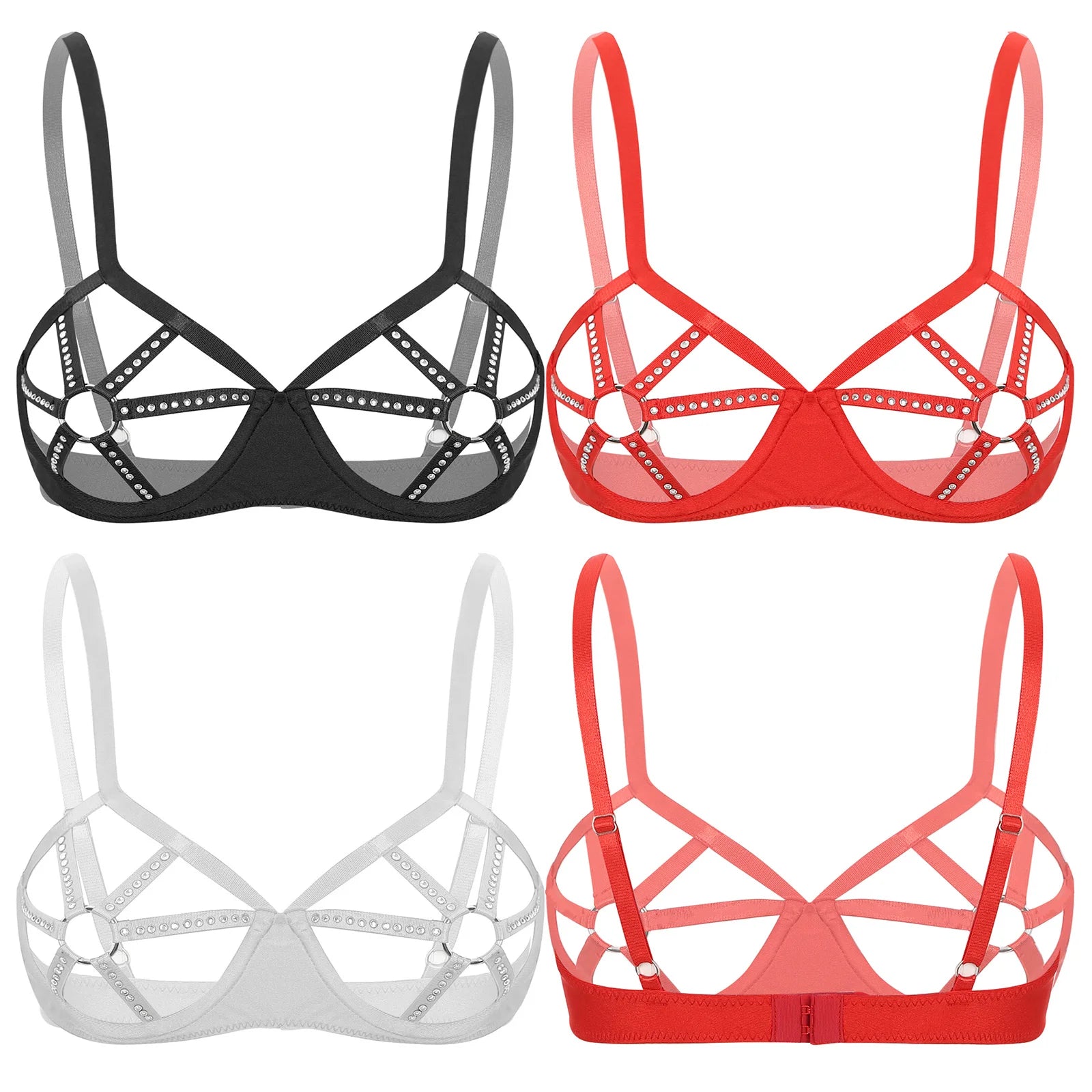 Womens Sexy Lingerie See Through Underwired Bra Balconette Adjustable Straps Shiny Rhinestones O-ring Cutout Cup Push Up Bra Top