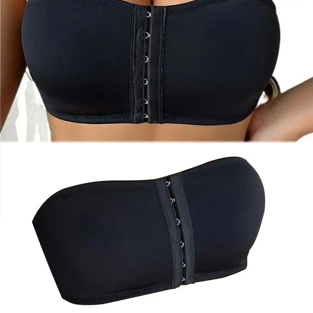 Strapless Front Button Bandeau Invisible Soft Cushion Tube Top Removable Padded No Underwire Wireless Bralette for Women