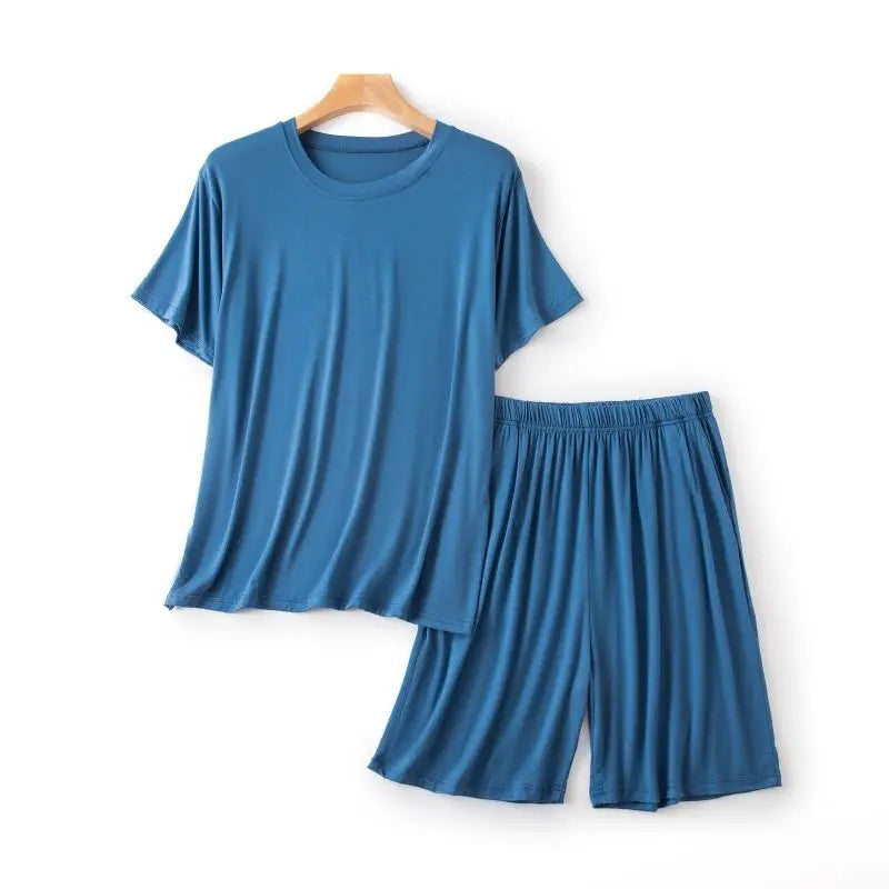 Modal Pajama Set Men's Round Neck Pajama Set for Summer Casual Wear Solid Color Loose Short Sleeved Shorts Two-piece Set Male