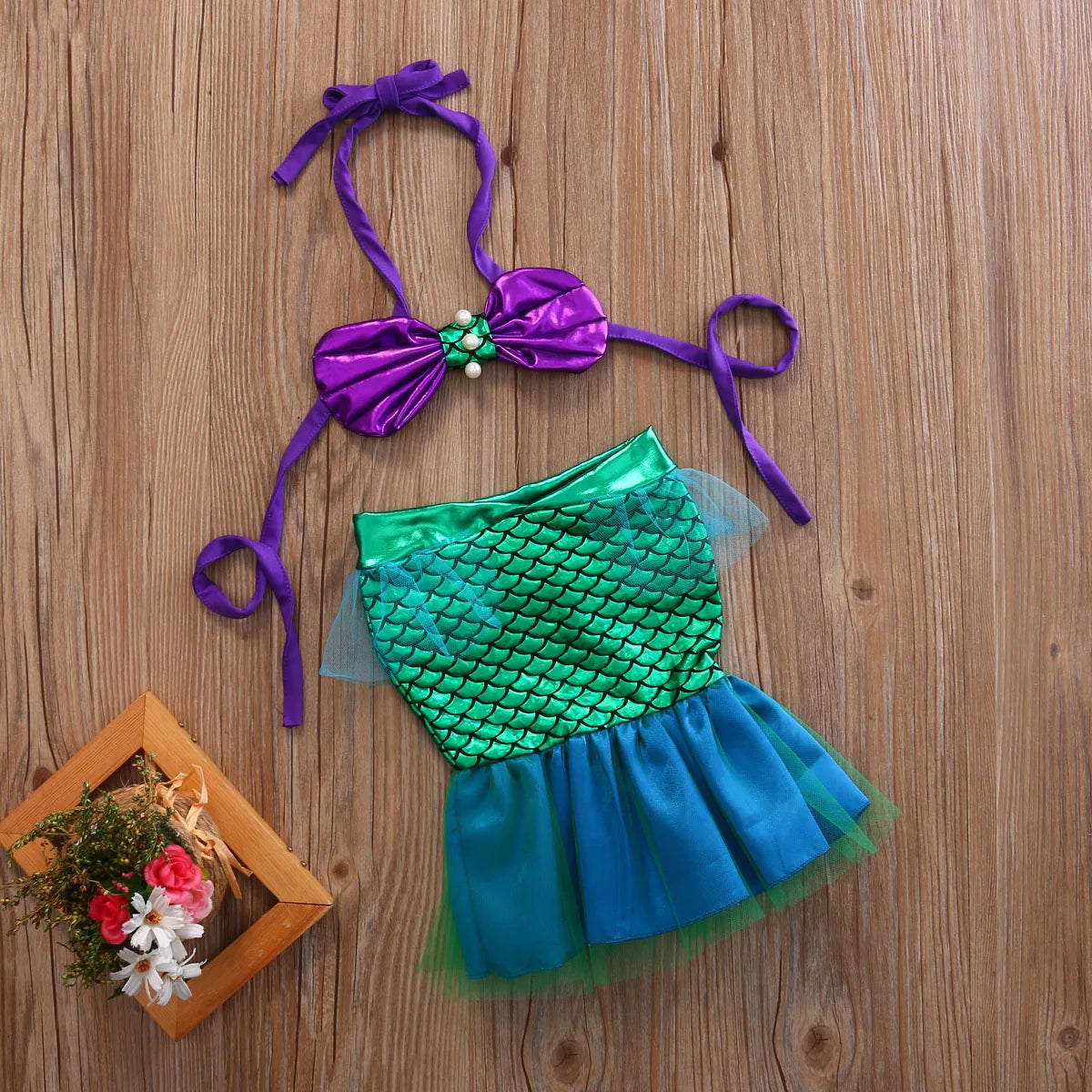 Baby Girls Two-piece Mermaid Swimsuit Hanging Neck Shell Pearl Halter Bikini Tops Tulle Patchwork Mermaid Tail 2Pcs Swimwear