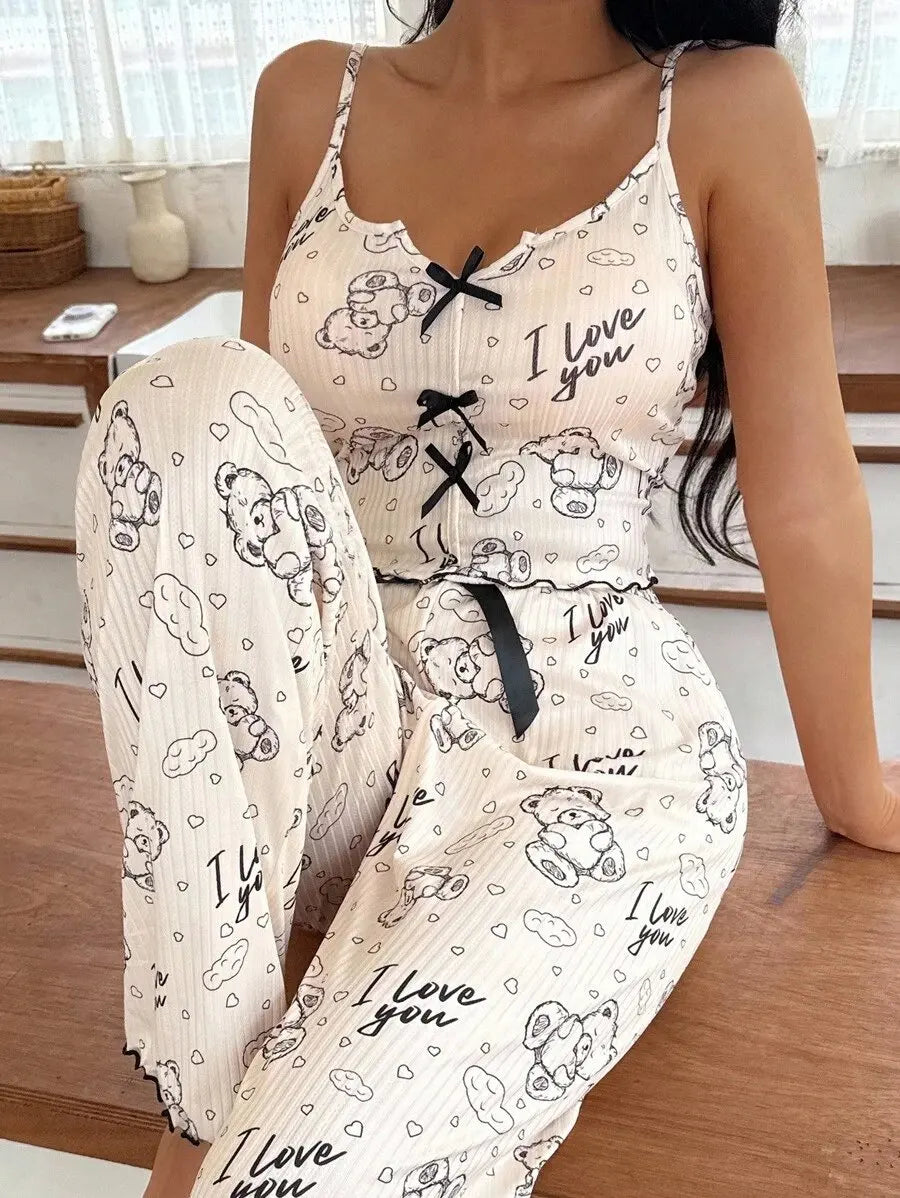 Women's Pajamas Set Sleepwear Bear Printed 2 PCS with Flirty Frill Trim Casual Cami Top and Long pants Sets Loungewear Soft