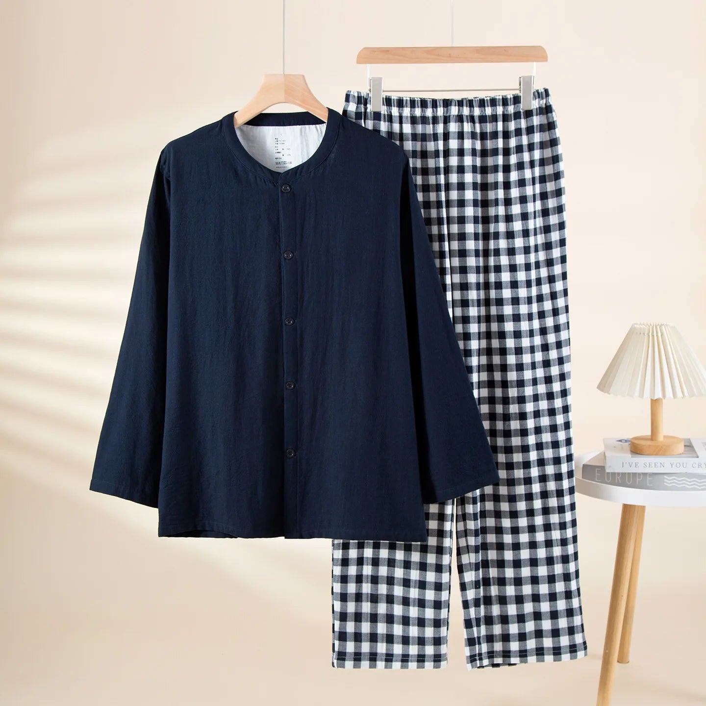 Long Sleeve Pajama Set for Men Breathable Soft Washed Cotton Sleepwear Simple Solid Top and Plaid Trousers Home Clothes 2-Piece
