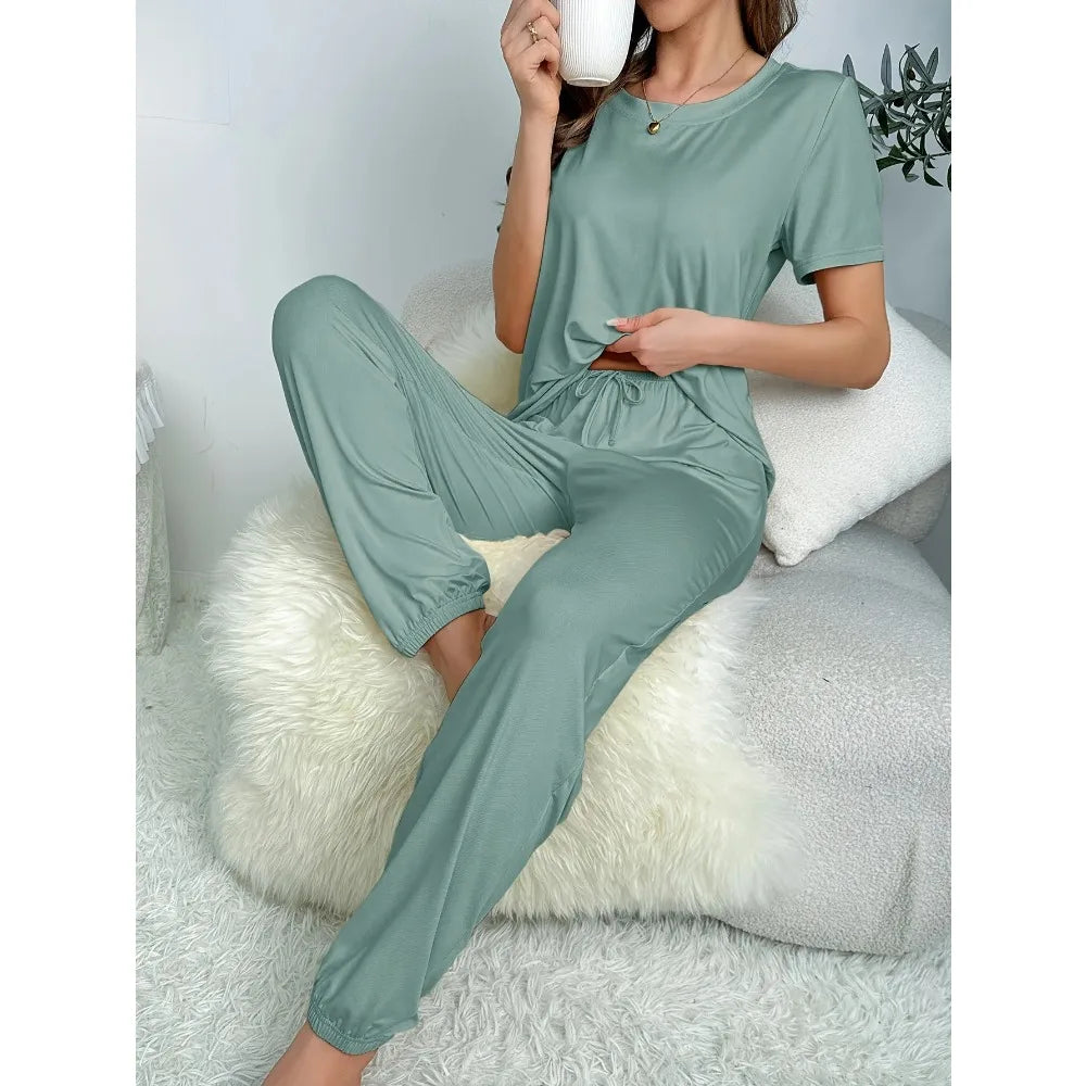 Women's Pajamas Set Solid Color Short Sleeve O Neck T-Shirt+Trousers 2 Pieces Suit Sleepwear Soft Loose Pijama Female Loungewear